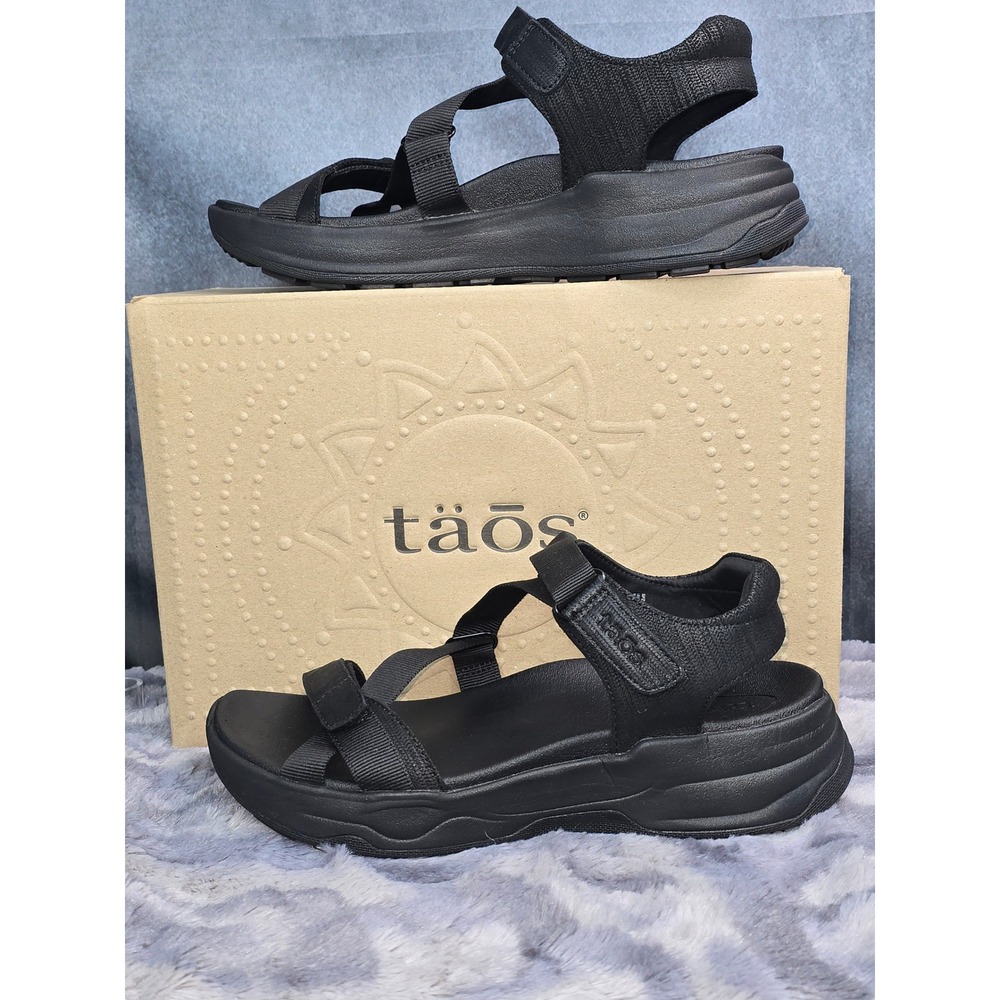 NWB Taos Super Z Sandals Black Leather Strappy Platform Athletic Women Size 10